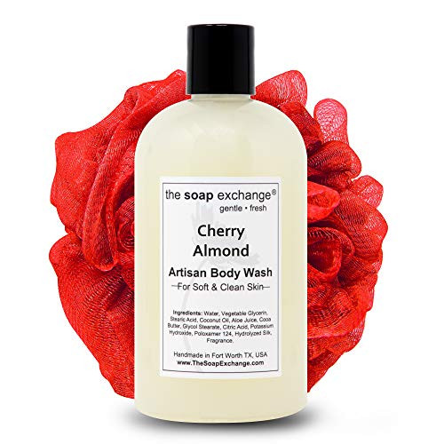 The Soap Exchange Body Wash - Cherry Almond Scent - Hand Crafted 12 fl oz / 354 ml Natural Artisan Liquid Soap for Hand, Face & Body, Shower Gel, Cle