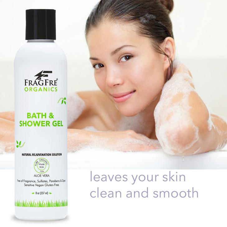 FRAGFRE Organic Shower Gel 8 oz - Fragrance Free Sulfate Free Parabens Free - for Normal and Dry Sensitive Skins - Gluten Free Vegan Cruelty Free - O