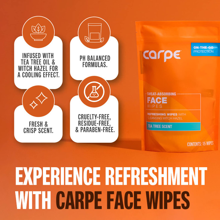 Carpe Sweat Absorbing Face Wipes (15 Facial Wipes). Witch Hazel & Tea Tree Oil Wipes Infused with Eucalyptus. Energizing, Refreshing, and Soothing. S