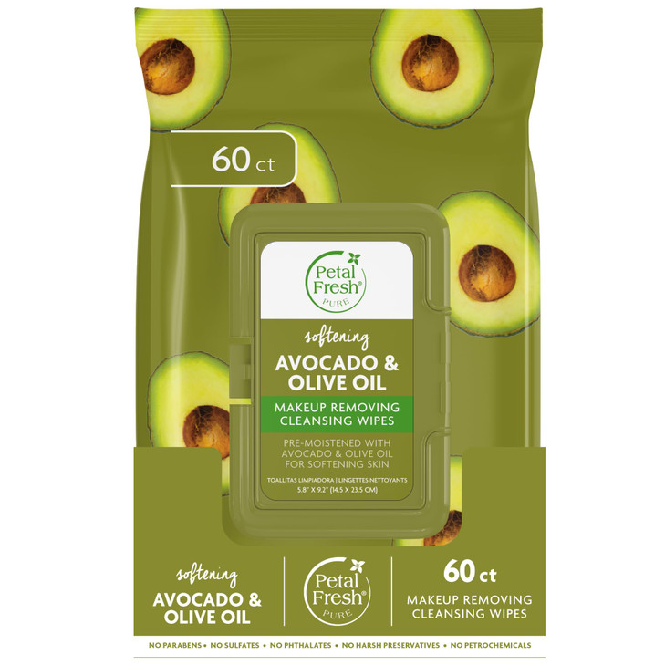 Petal Fresh Softening & Protecting Avocado & Olive Oil Makeup Removing, Cleansing Towelettes, Gentle Face Wipes, Daily Cleansing, Vegan and Cruelty F