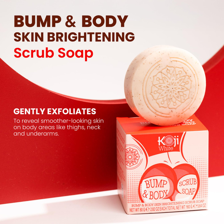 Koji White Kojic Acid Bump Eraser Body Scrub Soap for Exfoliation Butt, Elbow, Underarm with Glutathione, Coenzyme Q10, Skin Brightening for Fade Dar