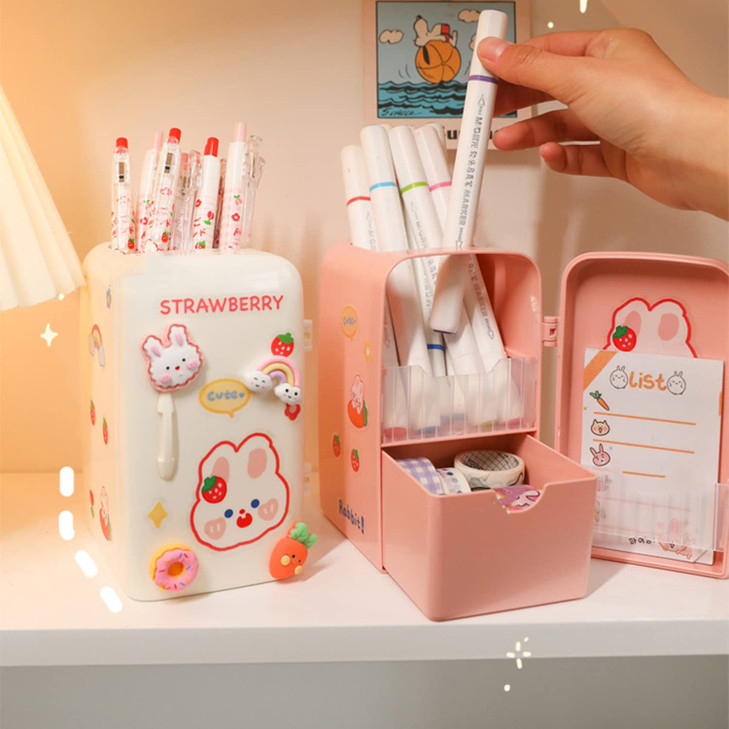 HSQWYY Kawaii refrigerator cute pen holder pencil cup, multifunctional container huge capability stationery with a drawer organizer home school offic