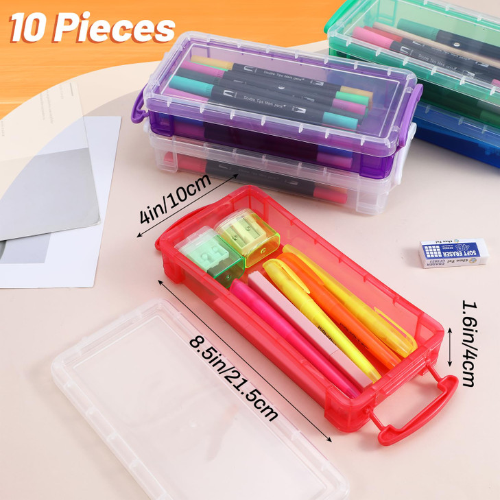Nodaaiie 10 Pack Stackable Plastic Pencil Boxes, Large Capacity Crayon Box, Clear Pencil Case Organizer with Snap Tight Lid for Office Art Craft Supp
