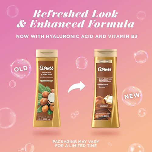 Caress Body Wash for Women, Shea Butter & Brown Sugar, Hydrating and Exfoliating Shower Gel for Gorgeous Radiant Skin, 20 fl oz, 4 Pack