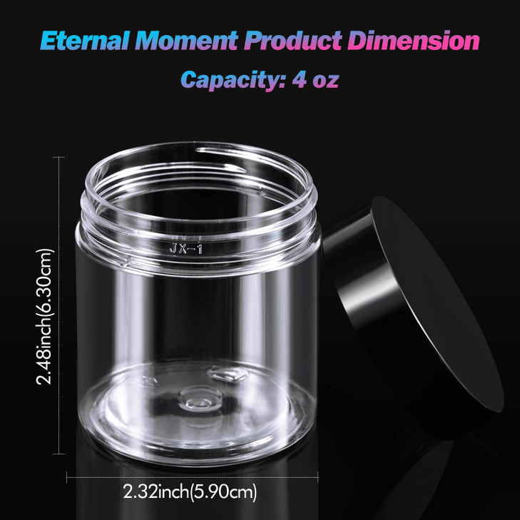 50 Pack 4 OZ Plastic Jars Round Clear Cosmetic Container with Black Lids, Eternal Moment Slime Jars for Lotion, Cream, Ointments, Makeup, Eye shadow,