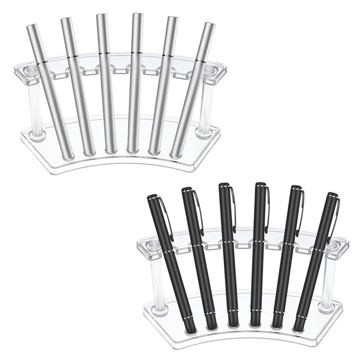 Quilax 2Pcs Pen Holder Stand for Desk, Clear Pen Display Stand Pen Holder with 6 Slots, Makeup Brush Stand Rack Pen Stand Storage, Eyebrow Pencil Org