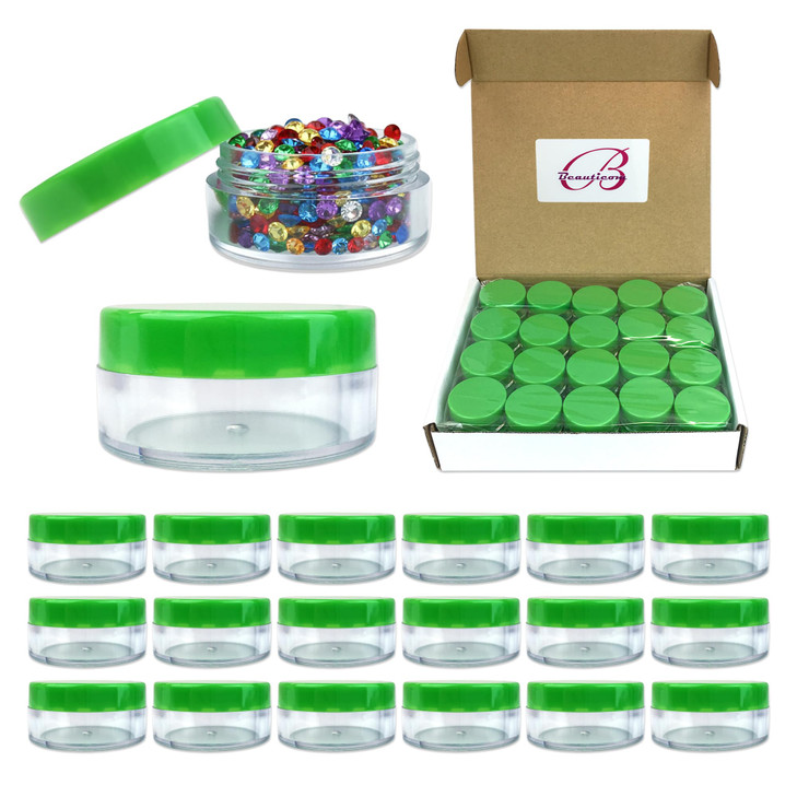 Beauticom 10g/10ml (0.35 Fl Oz) Round Clear Jars with Round Top Lids for Creams, Lotions, Make Up, Powders, Glitters, and more... (Color: Green Lid,