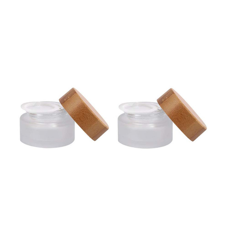 2 Pack 15ml 0.5oz Empty Refillable Round Frosted Glass Cream Jar Cosmetic Storage Container Pot Sample Jars Bottle with Natural Bamboo Lid and Inner