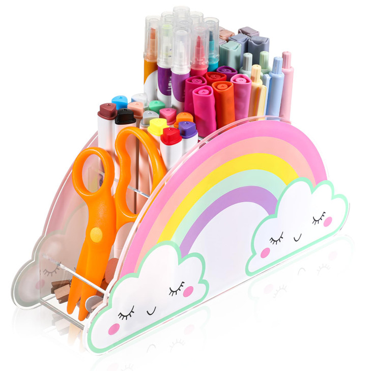 COMNICO Pencils Holder for Desk, Acrylic Pencil Holder Rainbow Desktop Table Supply Caddy Desk Organizer Art Storage Box Accessories for School Offic