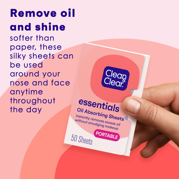 Clean & Clear Essentials Oil Absorbing Sheets, Portable Blotting Papers for Shine Control on the Face & Nose, Blotting Sheets Instantly Remove Excess