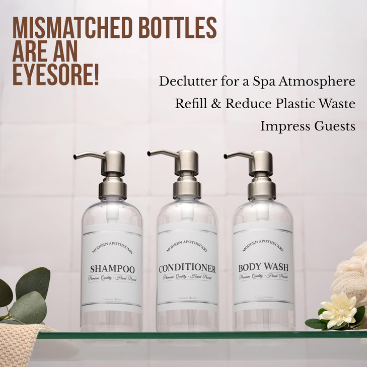 Clear Refillable Shampoo and Conditioner Bottles - Body Wash, Shampoo and Conditioner Dispenser - PET Plastic Shampoo Bottles Refillable with Pump -