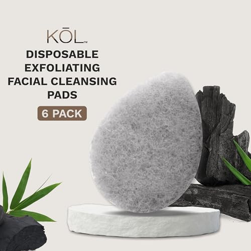 KOL Face Scrubber, Charcoal Infused Exfoliating Facial Cleansing Pads, Disposable Exfoliator Face Sponge for Daily Cleaning and Makeup Removal, 6 Cou