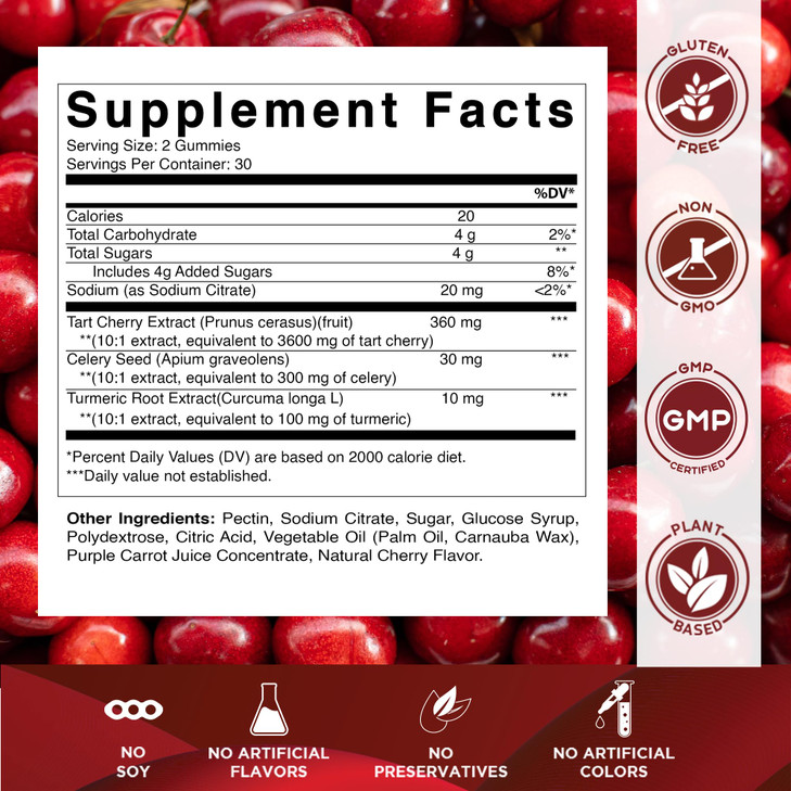 Vitamatic Tart Cherry with Celery Seed Gummies  4000mg Equivalent Per Serving (from 10:1 Extract, 400mg) - 2-Pack