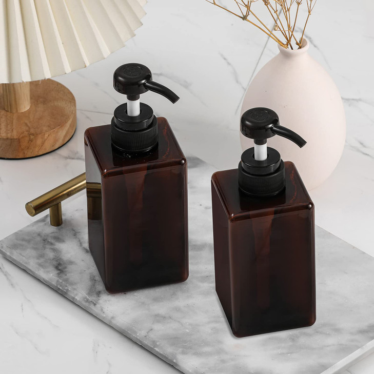 Pump Bottle, Refillable Plastic Empty Lotion Soap Dispenser Liquid Container for Bathroom Shampoo and Body Wash, 15oz/450ml Amber 2 Pack