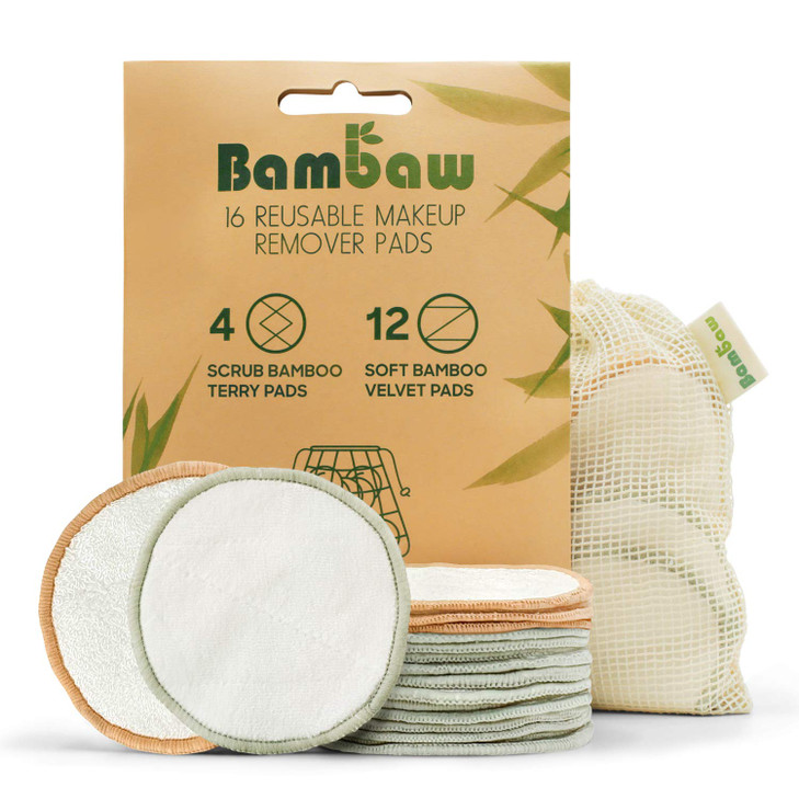 Bambaw Reusable Cotton Rounds for Face, 16 Rounds with 1 Bag for Laundry & Storage, Reusable Cotton Pads for Face, Soft & Exfoliating Eye Makeup Remo
