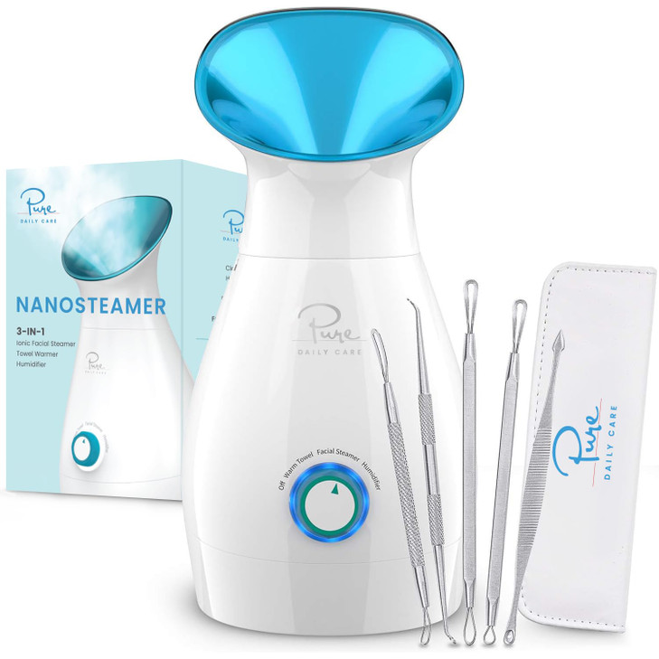 Pure Daily Care NanoSteamer Large 3-in-1 Nano Ionic Facial Steamer with Precise Temp Control - Humidifier - Unclogs Pores - Blackheads - Spa Quality