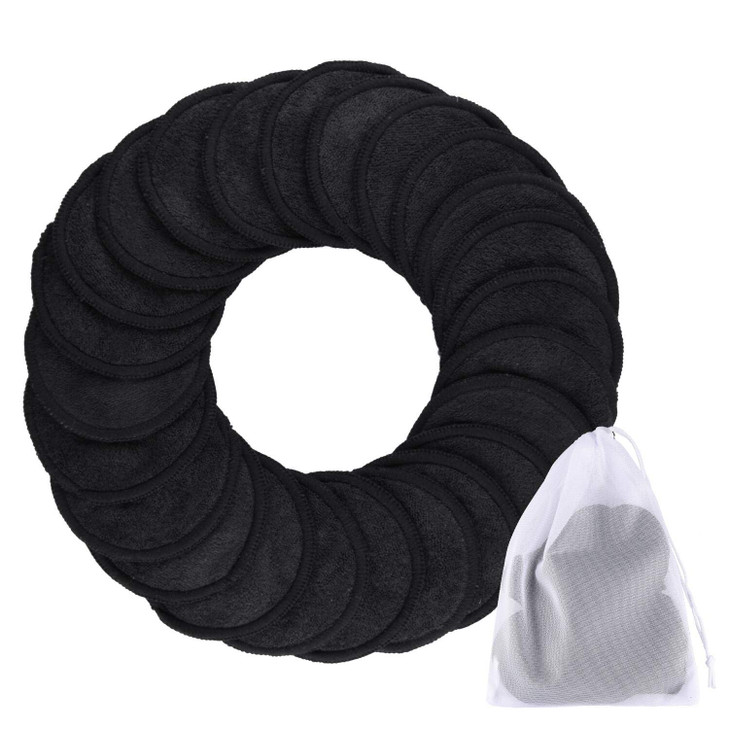 SIQUK 24 Pieces Reusable Cotton Rounds Black Makeup Remover Pads Layers Washable Organic Bamboo Cleansing Cloth Pads with Laundry Bag for Eye Makeup