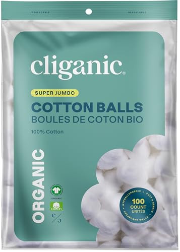 Cliganic Organic Super Jumbo Cotton Balls (100 Count) - Hypoallergenic, Absorbent, Large Size, 100% Pure (Packaging May Vary)