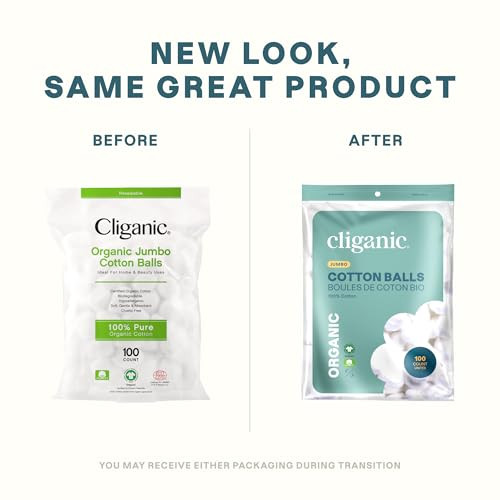 Cliganic Organic Super Jumbo Cotton Balls (100 Count) - Hypoallergenic, Absorbent, Large Size, 100% Pure (Packaging May Vary)
