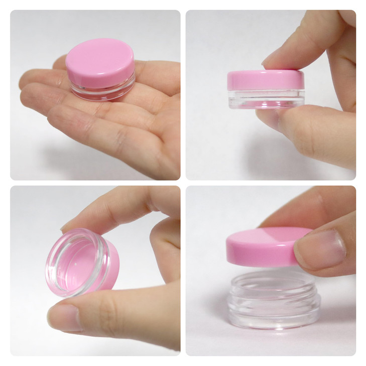 Beauticom 3g/3ml (0.1 Fl Oz) Round Clear Plastic Jars with Round Top Lids for Creams, Lotions, Make Up, Powders, Glitters, and more... (Color: Pink L