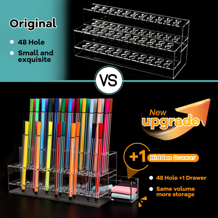 SBYURE Acrylic Pen Display Holder,48 Hole Pen Stand Display with Hidden Drawer Storage,Upgrade Pen Display Stand for Craft Shows Home School Office S
