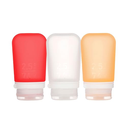 humangear GoToob+ 3-Pack (Medium) | Refillable Silicone Travel Bottle | Locking Lid | Food-Safe Material, Clear/Red/Orange, Medium (2.5 fl.oz.; 74ml)