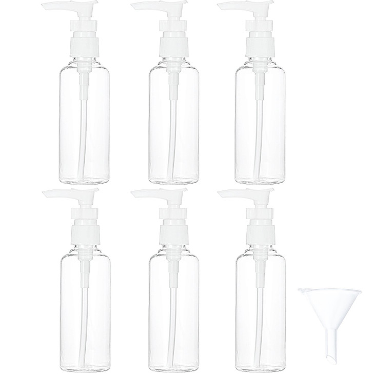 TecUnite 6 Pack Small Pump Bottles Clear Travel Bottle Plastic Empty Spray Dispenser Hand Lotion Sanitizer Refillable Accessories Set with Small Funn
