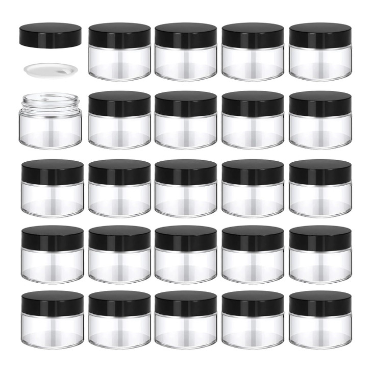 BPFY 24 Pack 1 oz Round Clear Glass Cosmetic Jars with Inner Liners and Black Lids, Travel Glass Jars, Cosmetic Containers for Lip Balms, Powders, Ma
