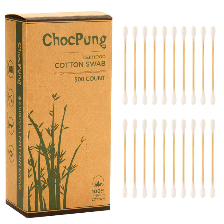ChocPung Natural Bamboo Cotton Swabs  Pack of 500 Two Tip Buds  Double Tipped, Eco-Friendly & Biodegradable  Comfortable and Soft  Plastic Free