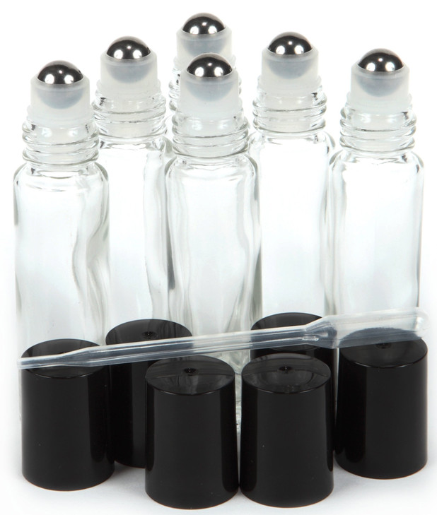 Vivaplex 6, Clear, 10 ml Glass Roll-on Bottles with Stainless Steel Roller Balls - .5 ml Dropper included