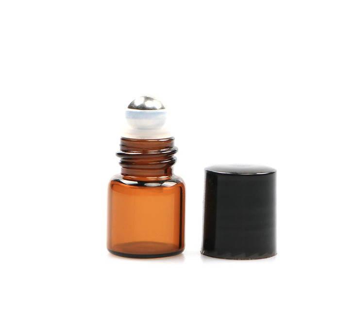 Furnido 25 Pack 1ml Amber Glass Roll on Bottle For Essential Oils,Perfume Vial with Stainless Steel Roller Ball,Black Caps Mini Sample Vials Cosmetic