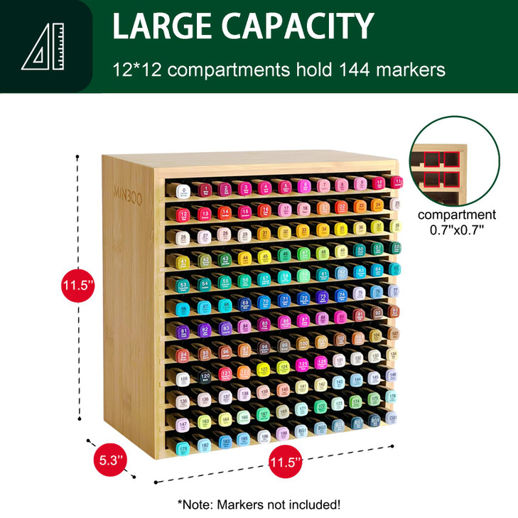 MinBoo Marker Organizer for 144 Markers, Bamboo Art Supply Storage Organizer Rack, Art Markers Pens Colored Pencils Paint Brushes Stationary Organize