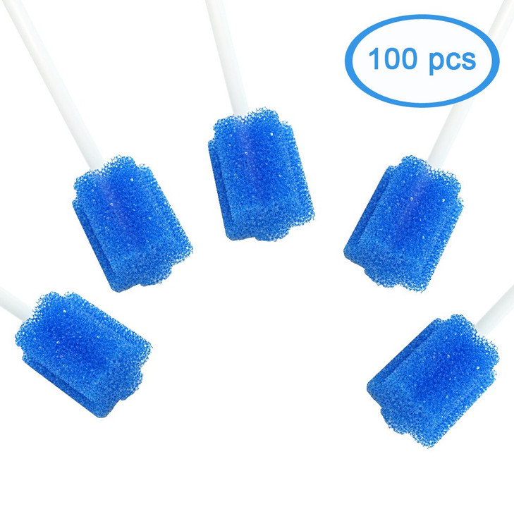 MUNKCARE Disposable Oral Sponge Swabs Unflavored-Dental Sponge Swabsticks Unflavored for Mouth & Gum Cleaning 100 Counts (Blue Coarse)