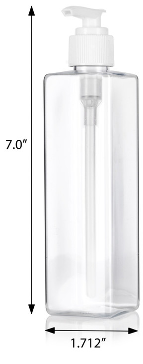 8 oz / 250 ml Clear Plastic PET Square Bottle (BPA Free) with White Lotion Pump (12 Pack)