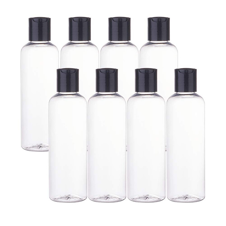 BENECREAT 8 Pack 5oz Large Clear Plastic Refillable Bottles Cosmetic Bottles with Black Press Caps for Shampoo, Soap, Lotion and Creams