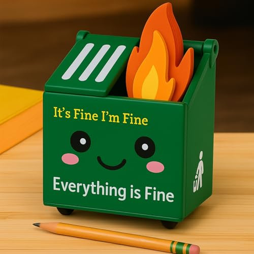 Aucscott Dumpster Fire Pencil Holder with 100 Pcs Flame Note Cards, 2 Compartments for Desk & Office Supplies, Funny Office Desk Accessories Decor fo
