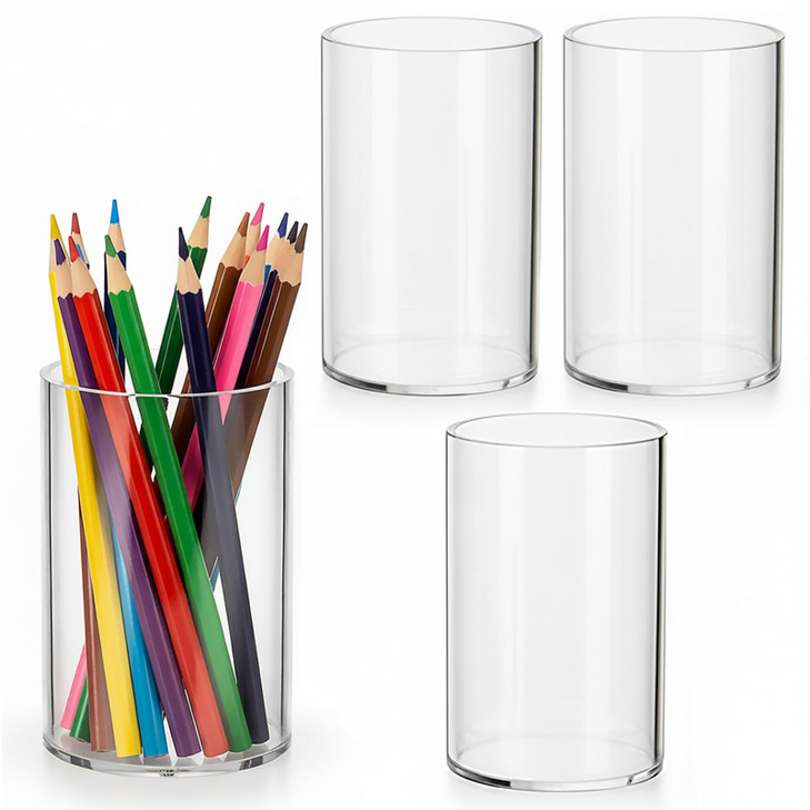 Peohud 4 Pack Acrylic Pen Holders, Clear Thick Pencil Cup, Round Makeup Brush Holder, Desktop Stationery Organizer for Desk Accessories Office School