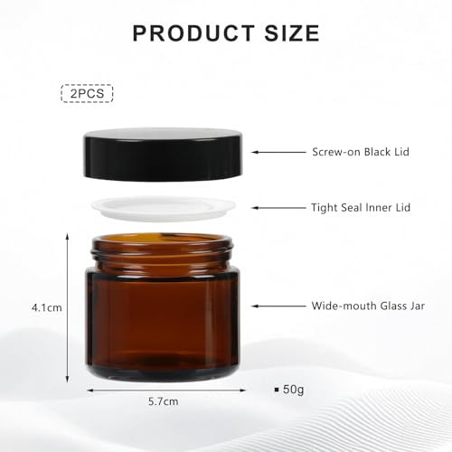 2oz 50ML Amber Round Glass Jars Bottle With Black Lids And Inner Liners Pot Container For Makeup Cosmetic Face Eyes Cream Lotion(2PCS)