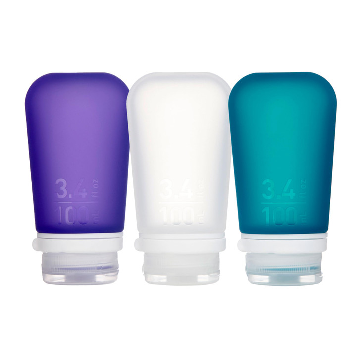 humangear GoToob+ 3-Pack (Large) | Refillable Silicone Travel Bottle | Locking Lid | Food-Safe Material, Clear/Purple/Teal, Large (3.4 fl.oz.; 100ml)