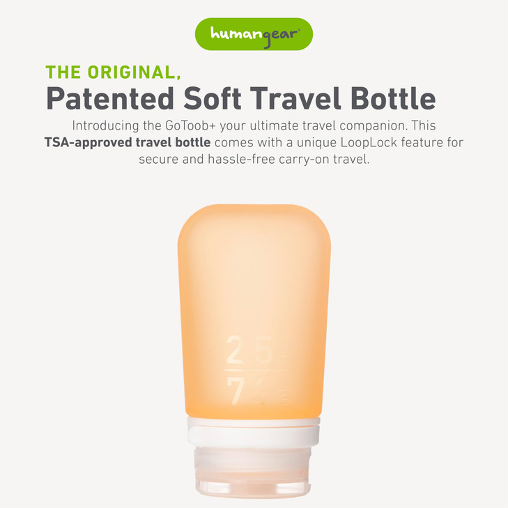 humangear GoToob+ (Medium) | Refillable Silicone Travel Bottle | Locking Lid | Food-Safe Material | Orange, Medium (2.5 fl.oz.; 74ml)