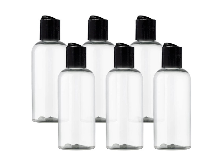 ljdeals 4 oz Clear Plastic Empty Bottles with Black Disc Top Caps, Refillable Cosmetic Containers for Shampoo, Lotions, Cream and more Pack of 6, BPA