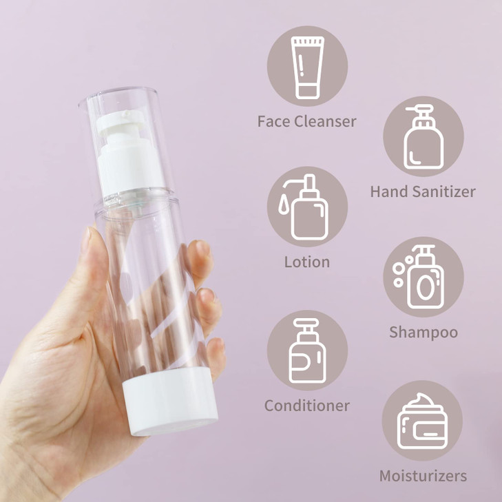 LONGWAY 2.7Oz 80ml Clear Airless Cosmetic Cream Pump Bottle Travel Size Dispenser Refillable Containers/Foundation Travel Pump Bottle for Shampoo (Pa