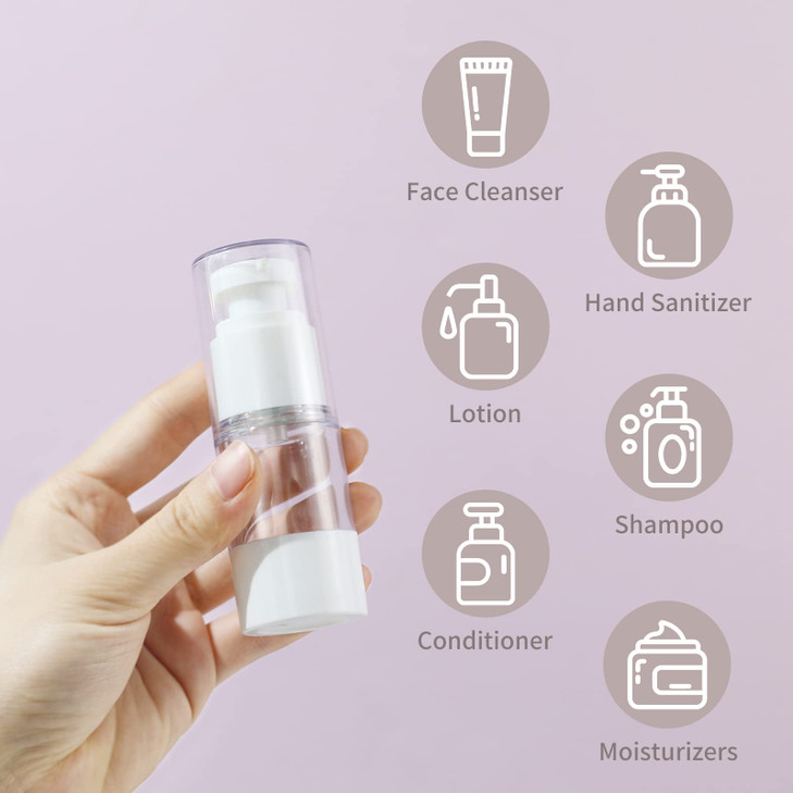 longway 0.5Oz 15ml Clear Airless Cosmetic Cream Pump Bottle Travel Size Dispenser Refillable Containers/Foundation Travel Pump Bottle for Shampoo (PA