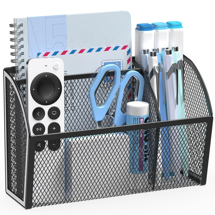 YINGHUA Magnetic Desk Organizer - 3 Compartment Metal Mesh Pen Holder for Locker, Whiteboard, Refrigerator, Office - Black Caddy