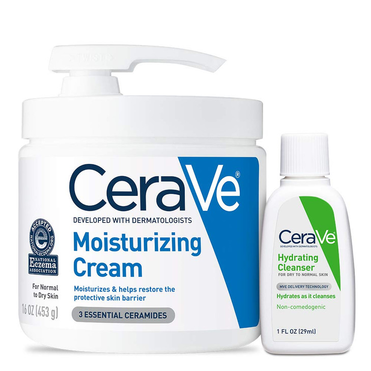 CeraVe Moisturizing Cream & Hydrating Facial Cleanser Skin Care Set, Combo Pack For Dry Skin Relief, Travel Essentials, 1oz Cleanser + 16oz Cream Wit