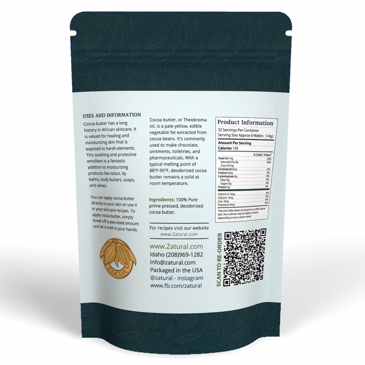 Zatural Raw Cocoa Butter Wafers Deodorized  100% Pure Food-Grade Prime-Pressed Cocoa Butter, Neutral Scent, for DIY Lotion Lip Balm Soap Chocolate &