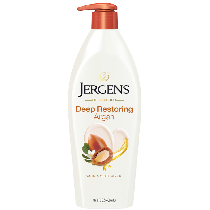 Jergens Deep Restoring Argan Oil Moisturizer, Soothing Body and Hand Lotion with Reviving Argan Oil and Vitamin E, Oil-Infused, Dermatologist Tested,