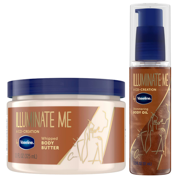 Vaseline Illuminate Me Body Butter & Body Oil - Shimmering Body Bronzer, Hydrating Whipped Organic Shea Butter with 24-Hour Moisture for Melanin-Rich