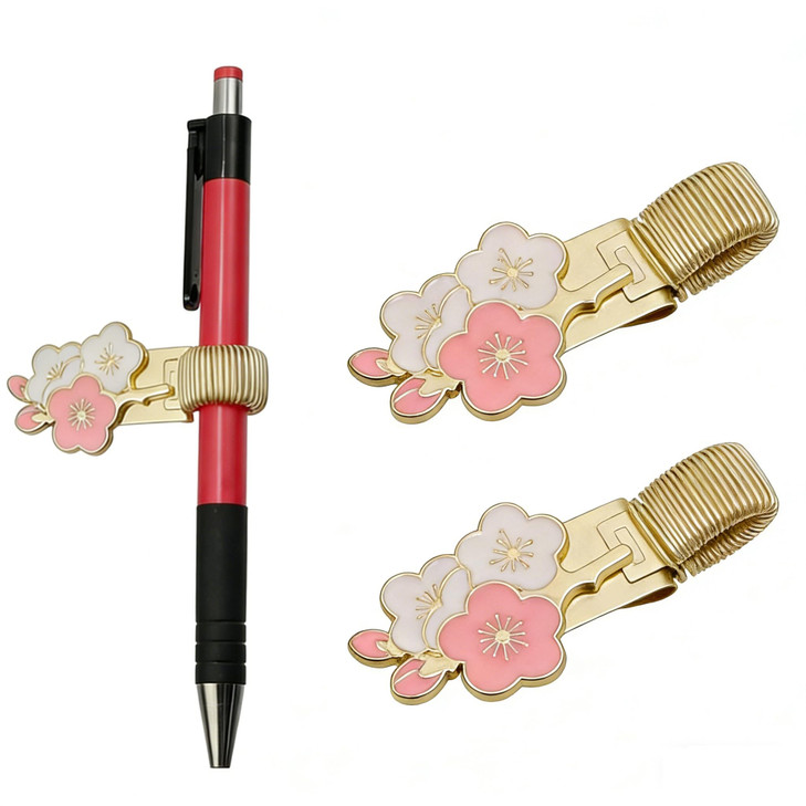 Mewutal 2pcs Metal Pen Clip Holders Decorative Floral Pencil Holder Clips Spring Loop Pen Pencil Clip Organizer for Notebook Clipboard Pocket (Pink)