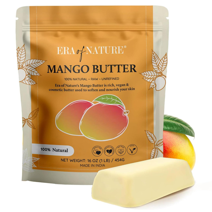 era of nature Organic Unrefined Raw Mango Body Butter Block 16oz - Moisturizing Mango Seed Raw Butter Bar for Skin & Hair, DIY Lip Balm Base, Cream,